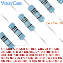 20pcs 2W 3W Metal Film Resistor 1% 0.1R 0.22R 0.33R 0.5R 47K 120K 10R 100R 100K 3.3R 33K 220R 62 82R 8.2R 68K 470K 1M Resistance