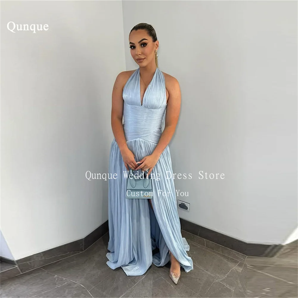

Qunque Halter Sky Blue Women Prom Dresses Backless Sexy High Slit Evening Dress Sleeveless Formal Vestidos De Fiesta Customized