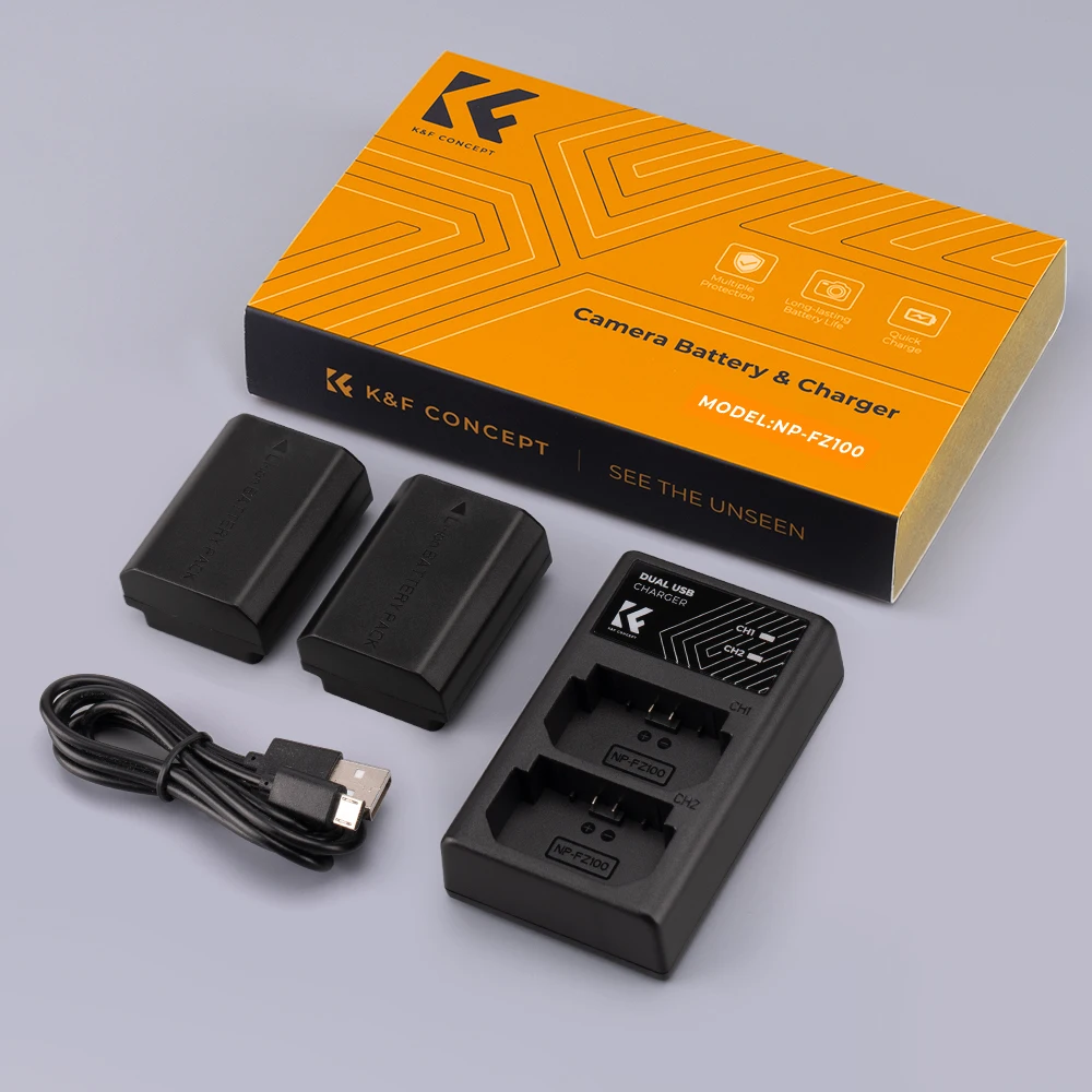 K&F Concept NP-FZ100 2팩 2280mAh 배터리 듀얼 슬롯 충전기 세트 (소니 알파 A7 III A7R III A7R3 A9 a6600 a7R …