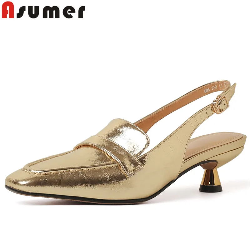 

ASUMER 2024 New Genuine Leather Slingbacks Shoes Office Ladies Back Strap Sandals Buckle Spike Med Heels Women Sandals