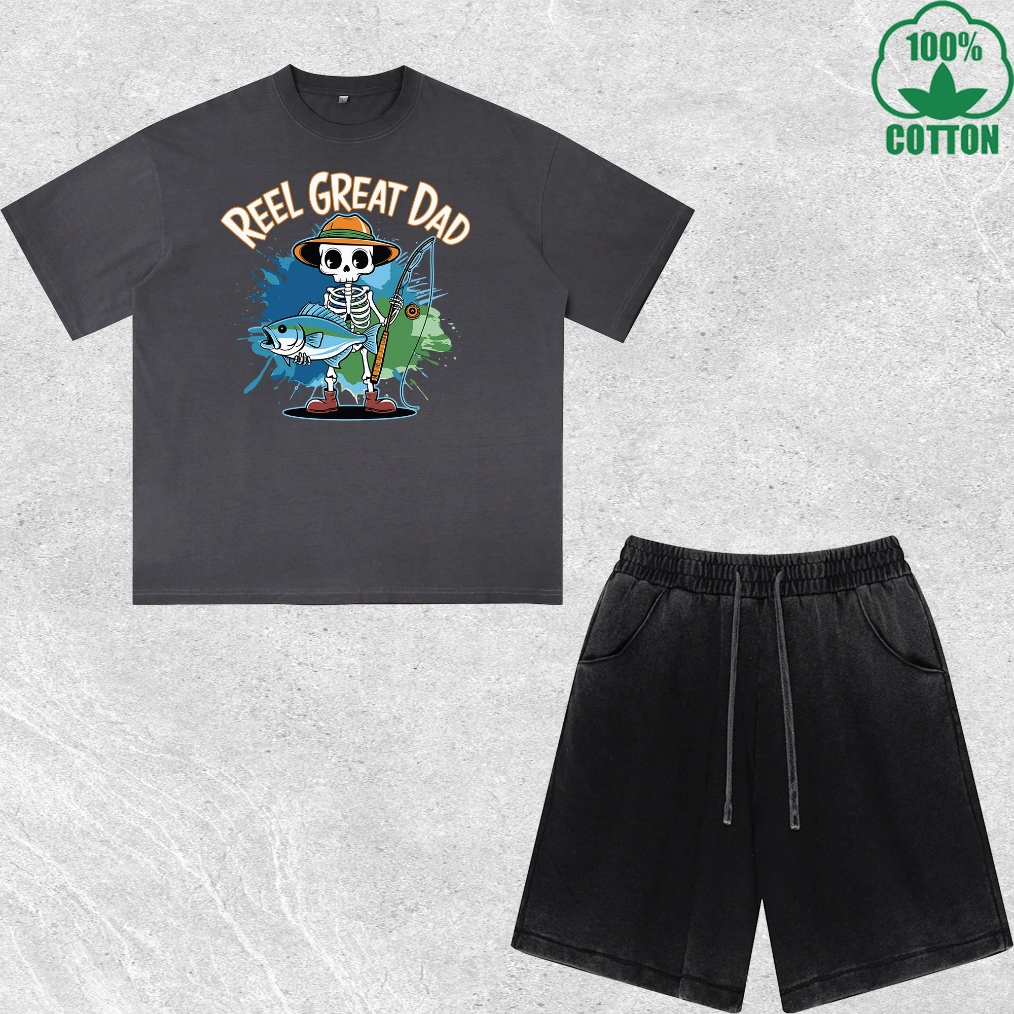 

Reel Great Dad Printed Dirty Wash 100%Cotton T-Shirt Shorts Set Multicolor Combo Loose Trendy Fashionable