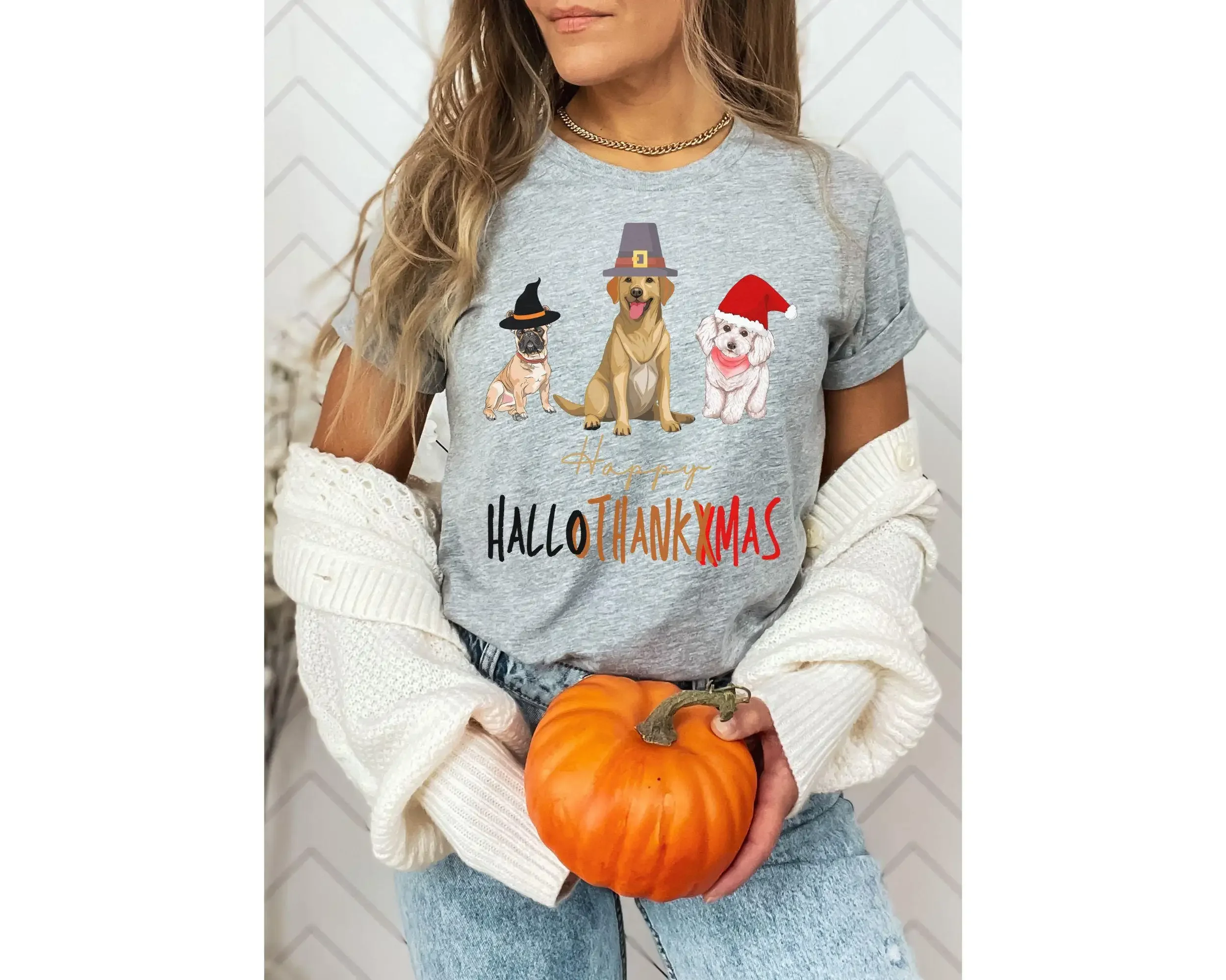 

Футболка Happy Hallothankxmas на Хэллоуин, День Благодарения, Рождество, праздник, сезон собаки, забавная для влюбленных