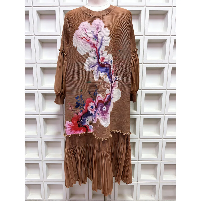 

Miyake Print Heavy Industry с рюшами и рукавами-фонариками, со складками, свободное длинное платье с круглым вырезом и принтом, женская одежда