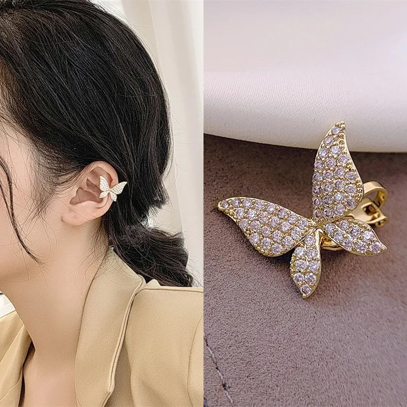 New Butterfly Zircon Earrings For Women Fashion Fake Piercing Crystal Earring Net Red Temperament Simple New Ear Cuffs Clip