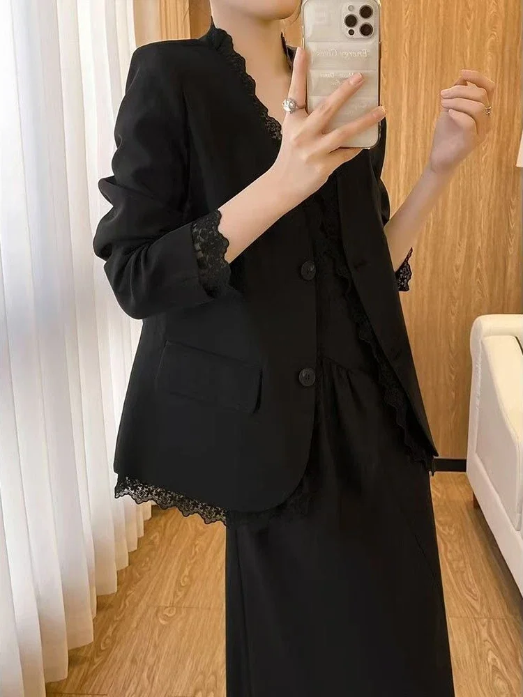 

2024, весенне-осенний женский элегантный темпераментный пиджак, корейский дизайн, ацетатная струящаяся утягивающая модная куртка с кружевной отделкой