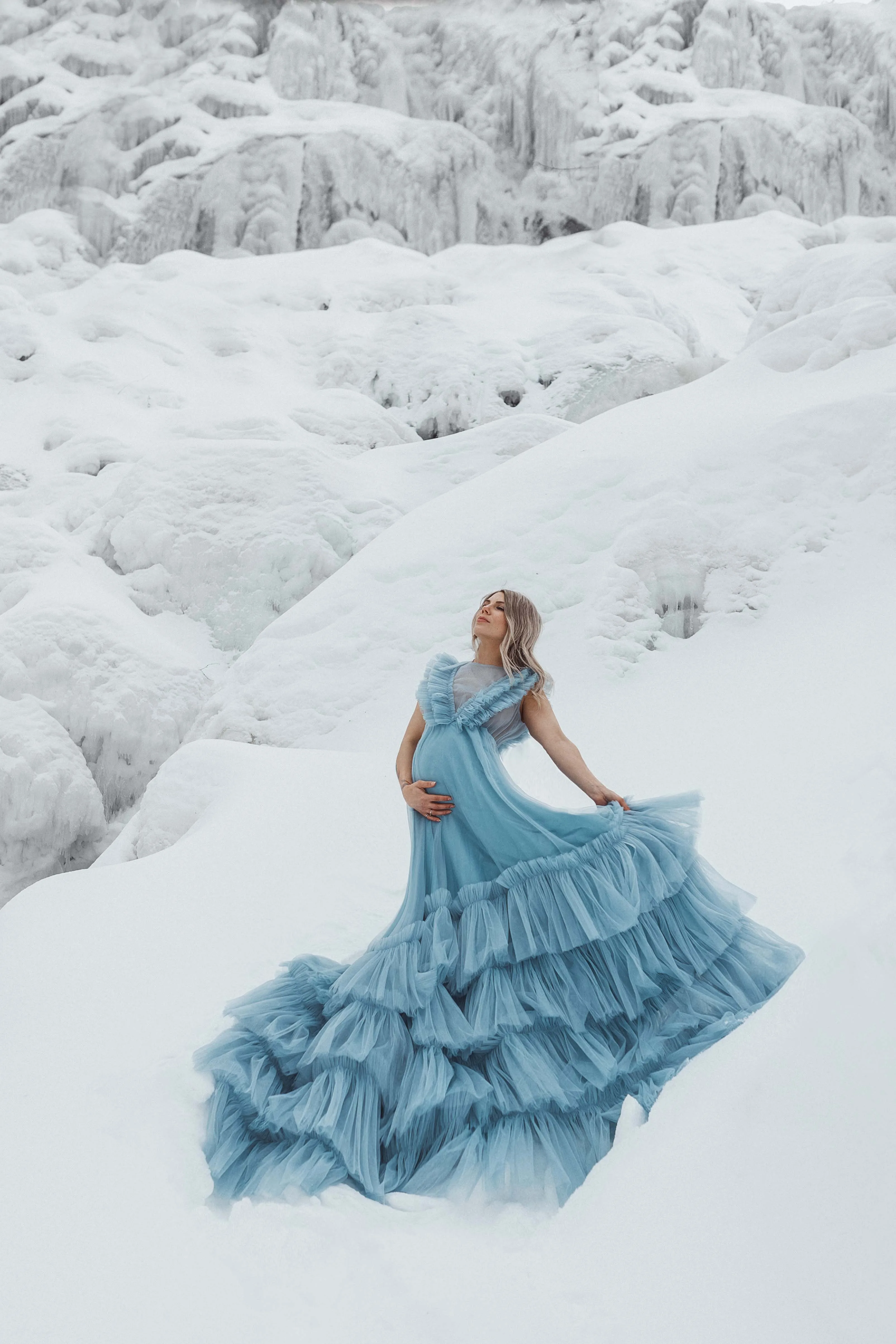 custom Blue Tulle Ruffled Maternity Loose Dress for Photoshoot Winter Plus Size Pregnancy  Baby Shower Gown for Wedding Guest