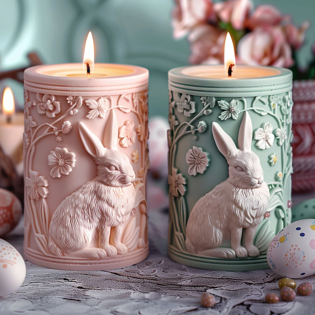 3D Lace Flower Rabbit Relief Cylinder Candle Silicone Mold Plant Vine Flower Easter Rabbit Statue Cylinder Resin Gypsum Molds