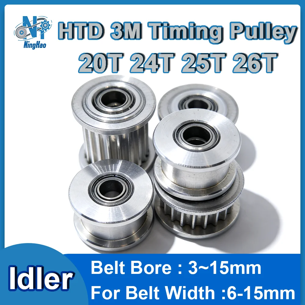 HTD 3M Idler pulley 20T 24T 25T 26T Timing Pulley Bore 3-15mm for Belt Width 6mm 10mm 15mm HTD3M Synchronous Bearing Guide Idler