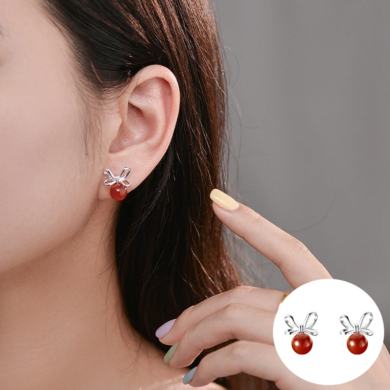 

100% 925 Sterling Silver Agate Bowknot Earrings for Women Girl Fashion Geometric Design Jewelry Birthday Gift Dropshipping