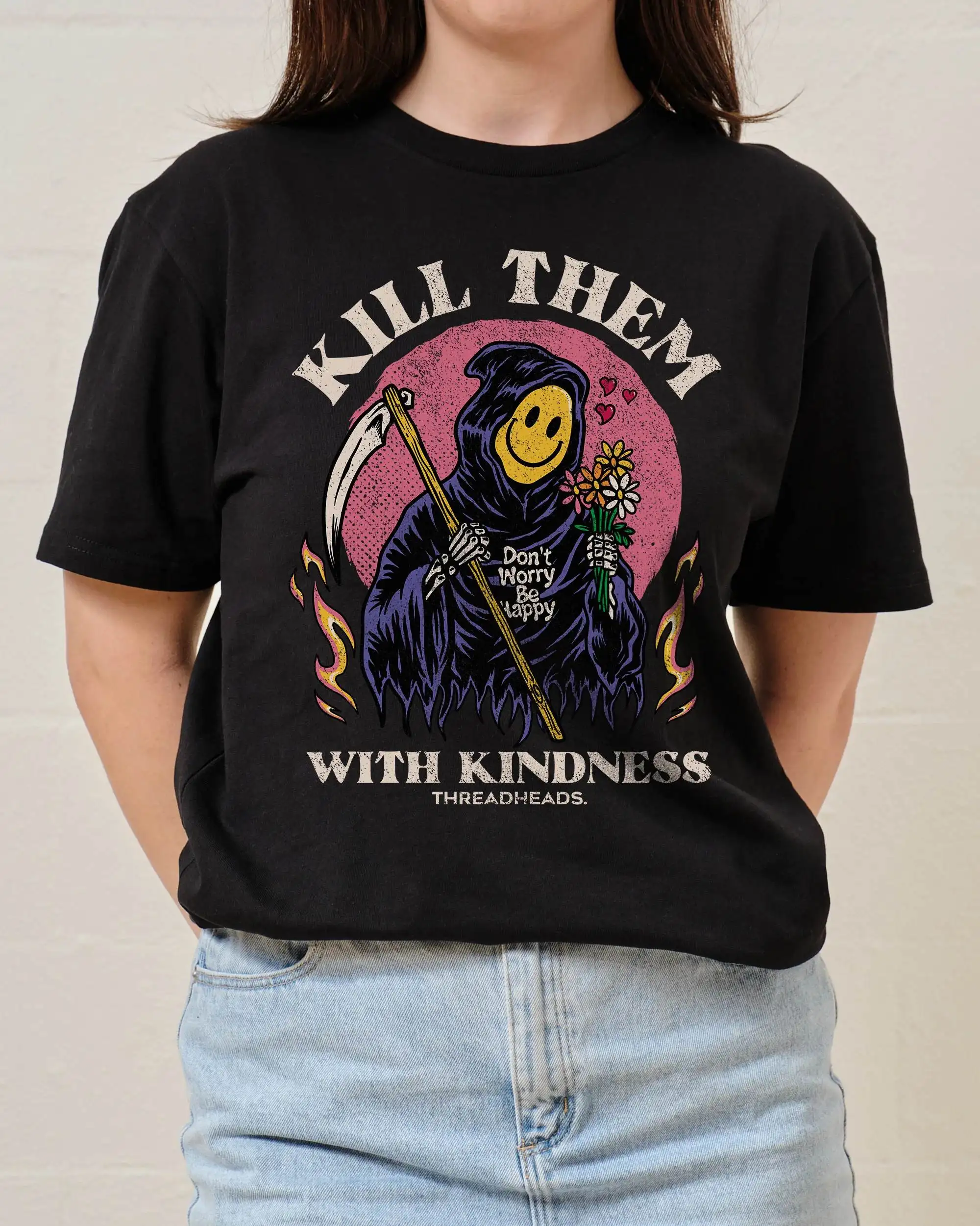

Contrast Grim Reaper Kill Them with Kindness Cotton Tee Graphic for Trendy Outfits and Positive - Halloween Tee All Saints' Day
