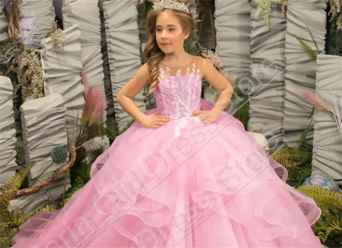 

Customized Pink Flower Girl Dress Fluffy Tulle Tiered Sleeveless For Wedding Child Birthday Prom Banquet Gown
