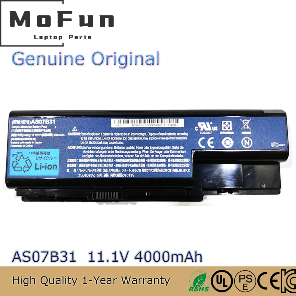 

Brand New Original AS07B31 11.1V 4000mAh Laptop Battery for Acer Aspire 5300 5315 5535 5720 7520 MLR5920 AS07B72 14.8V 4800mAh e