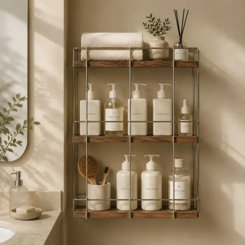 Solid Wood Bathroom Storage Shelf Modern Luxury 3 Tier Bathroom Organizer Wall Shelves Metal Shower Caddy Shelf Home Furniture