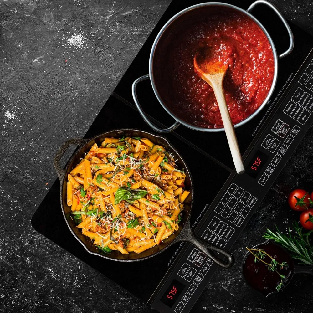 Double Induction Cooktop, 2 Large 8” Heating Coils, Independent Controls,  2 x 11.5” Shatter-Proof Ceramic Glass Surface