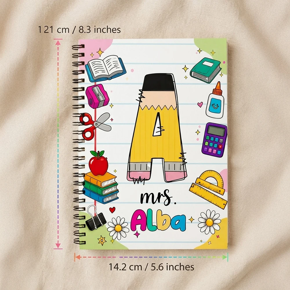Custom Name Spiral Notebook,Teacher Pencil Bow Apple Design, Personalized Text Journal,Customized Stationery Gift for Educators