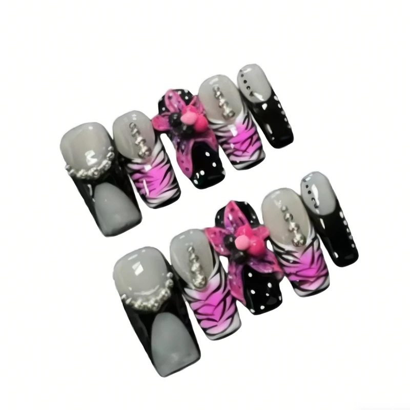 10 pièces ongles roses nus faits à la main 3D sculpté à la main presse florale sur les ongles français peint à la main Design perles de luxe Style épicé faux ongles