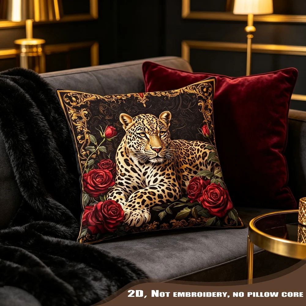2PCS Leopard Print Red Rose Luxury Pillow CoverPolyester Cushion Case for Sofa Couch Living Room Bedroom Home Decor