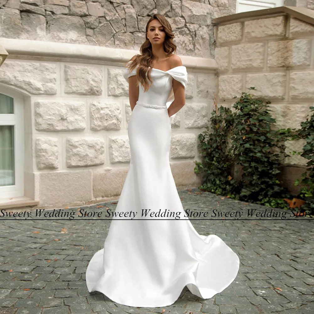 

New Arrival Satin Bridal Dresses Off The Shoulder Beading Belt Back Big Bow Court Train Robe De Mariee Mermaid Wedding