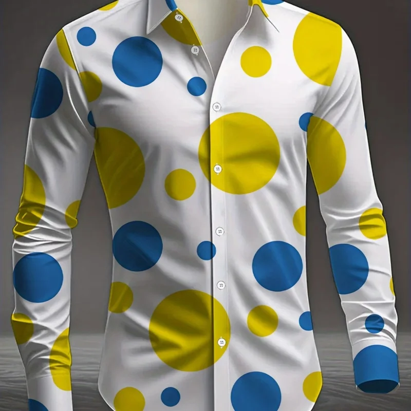 Men's Polka Dot Print Long Sleeve Shirt Casual Turn-down Collar Button Down Blouse Ropa Hombres Conjuntos