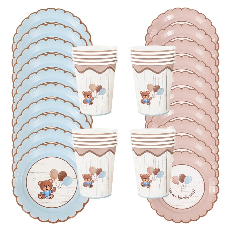 10 sztuk słodki miś jednorazowe zastawy stołowe papierowe talerze kubki płeć ujawnienie dekoracja Baby Shower wszystkie najlepsze z okazji urodzin Party Supplies