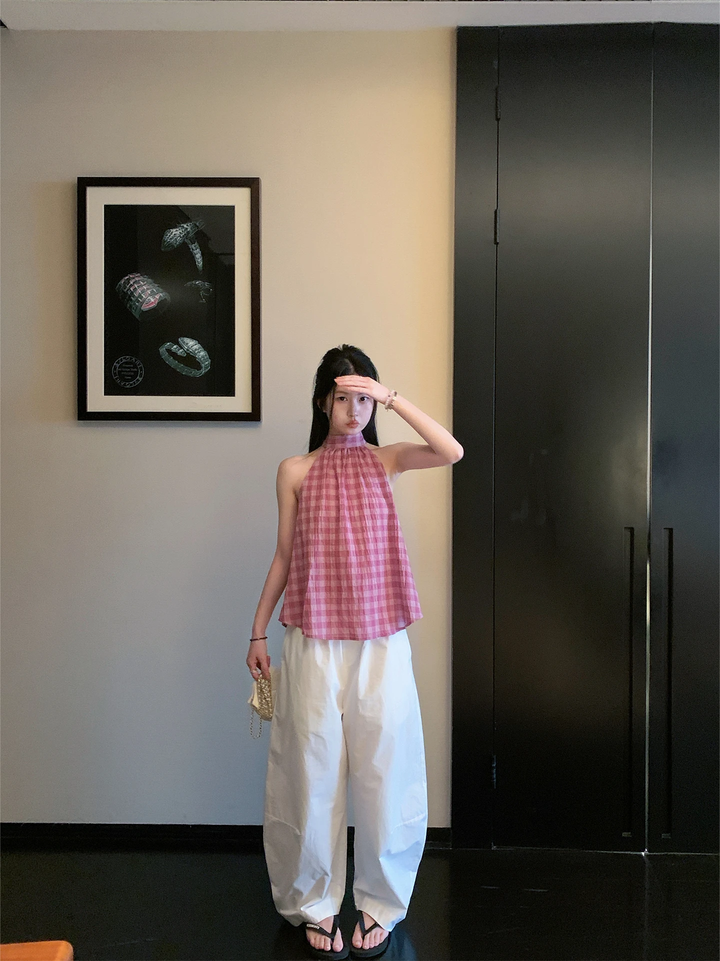 

Розовый классический тонкий жилет с открытыми плечами для женщин, летний, в корейском стиле, с принтом в клетку, с дизайнерским вырезом, из смесового хлопка