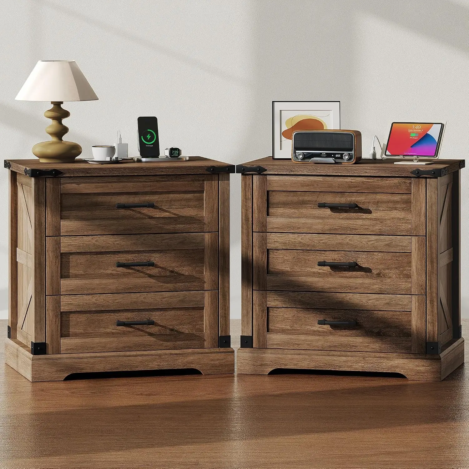 Farmhouse Nightstand Set of 2 with Charging Station & USB Ports, Rustic Brown, Customized