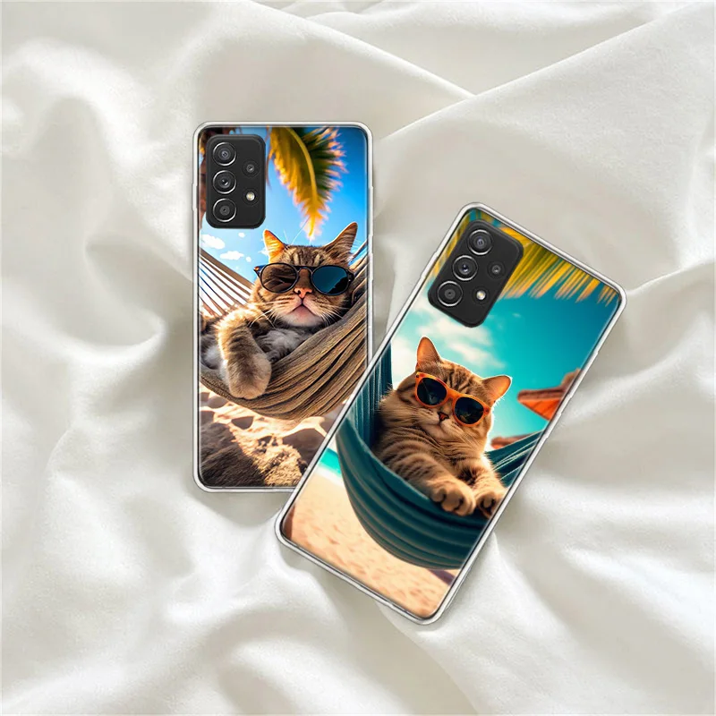 Cute Cat Wearing Sunglasses Phone Case For Galaxy Note 20 Ultra 10 Lite 9 8 Samsung A15 A25 A35 A55 A05S M12 M21 M30S M31 M32 M5