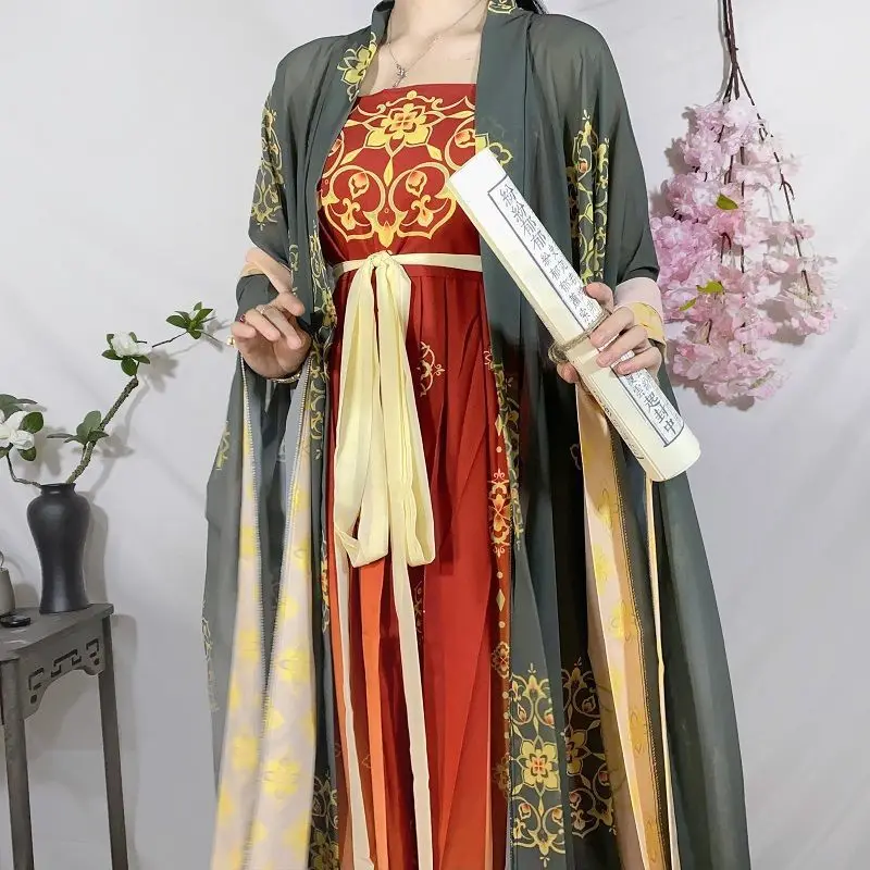 القديمة الصينية Hanfu للنساء 2023 الربيع تانغ سلالة أحمر أخضر كبير أكمام معطف التدرج Chebula تنورة ازياء 3M الدعاوى