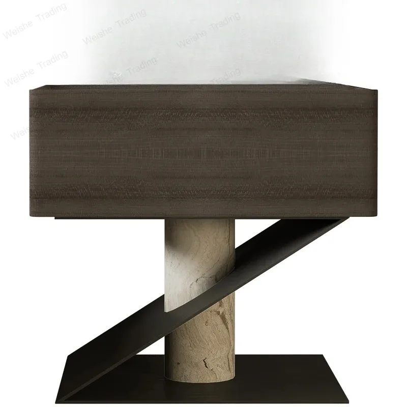 

Minimalist Solid Wood Nightstand, Designer Bedside Table with Natural Marble Top, One-Piece Cutting,