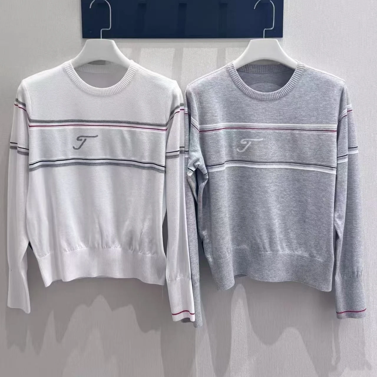 Women's Golf Striped Knit Top 2026 Fall New Korean Style Slim Fit Crew Neck Long Sleeve Sporty Casual Versatile Breathable Soft