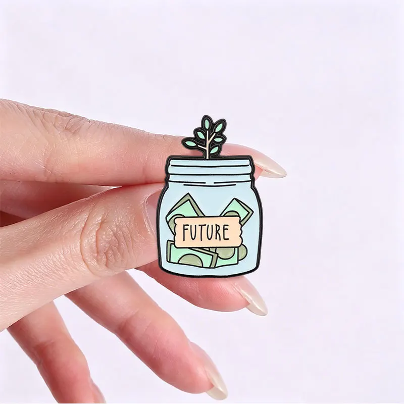 Creative FUTURE Piggy Bank Brooch Pins Cartoon Future Wealth Bottle Saplings Money Enamel Lapel Pin Accessory Backpack Ornament