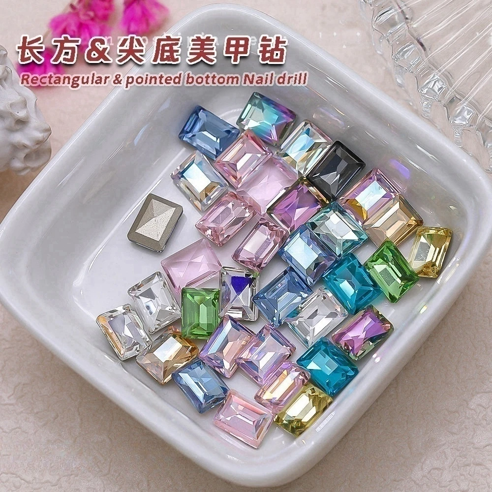 50pcs 6x8mm rectangular right angle nail accessories colorful super shiny K9 diamond pointed bottom irregular nail decoration