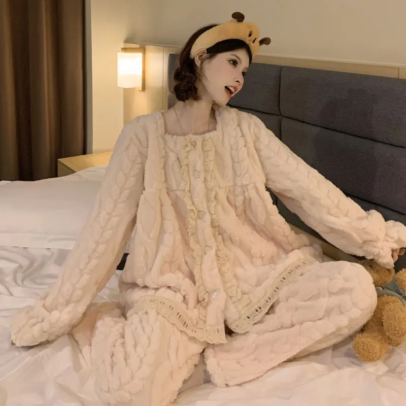 

Комплекты пижам с вышивкой для женщин: осенне-зимний, очаровательный стиль, без рукавов, с вырезом-лодочкой, длинные брюки, теплые, термо, жаккардовые