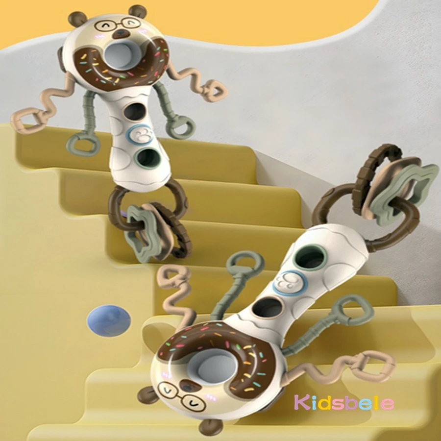 Martillo de arena Montessori para bebé, juguete mordedor sensorial, sonajero para recién nacido, dibujos animados 5 en 1, juguete de desarrollo para bebé, palo ocupado con manivela