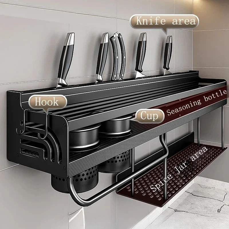 60/70/80cm Kitchen Shelf Wall Mount Spice Rack Seasoning Storage Rack Knife Holder Chopstick Organizer Kitchen Accessory