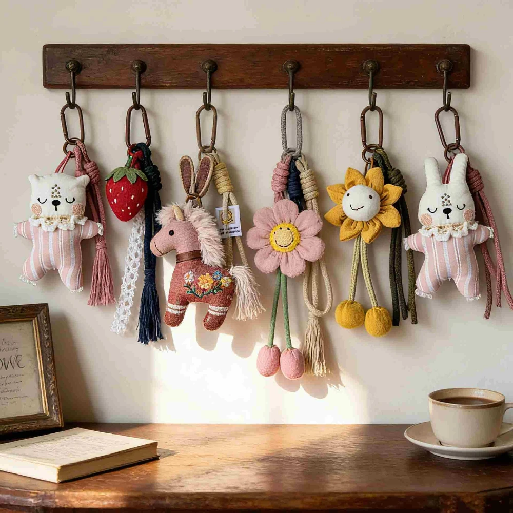 Bunny Bag Charm Fabric Rabbit Keychain Pink Striped Woven Cord Clip Cute Handbag Purse Backpack Accessory Gift For Rabbit Lovers