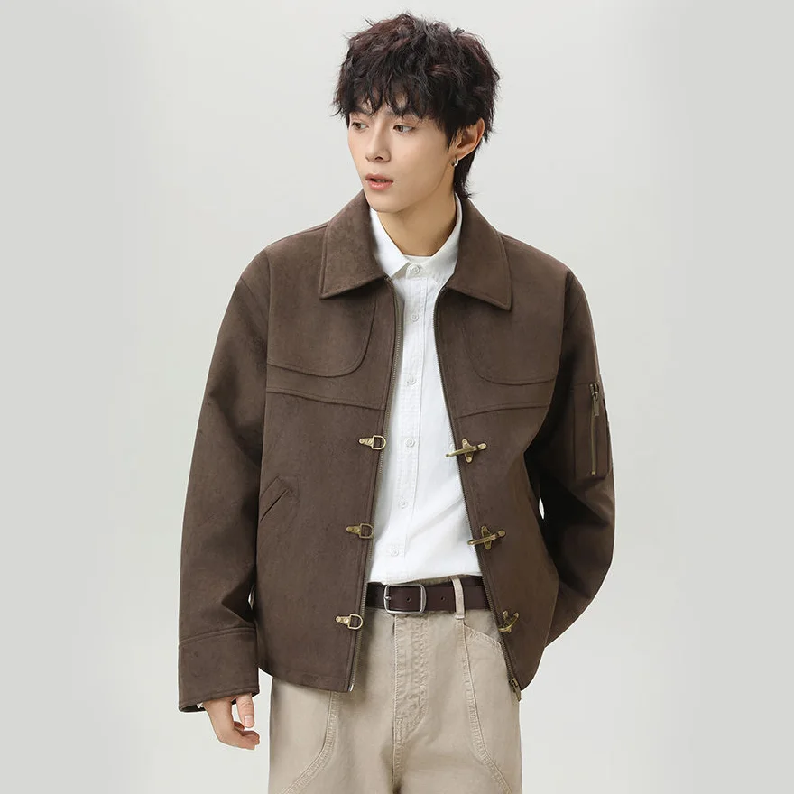 

Spring Autumn Suede Short Jacket Men Streetwear Fashion Loose Casual Metal Buckle Cargo Jacket Man Coat Outerwear