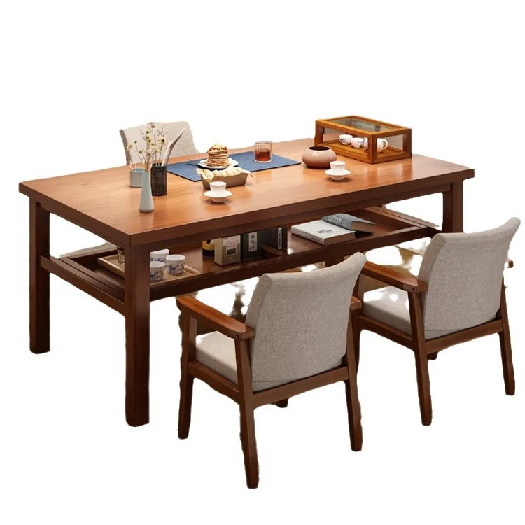 Solid wood table and chair combination one table and five chairs simple office new Chinese balcony large board tea table