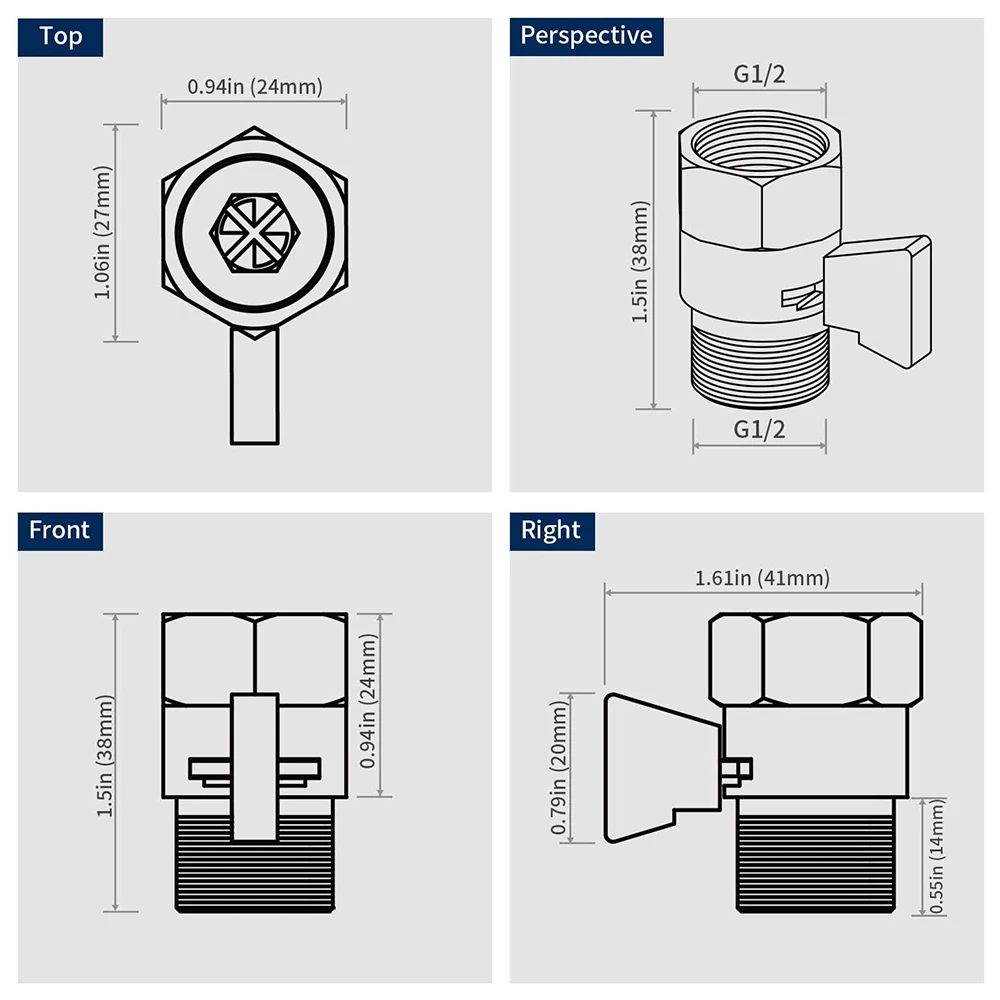 Water Flow Control Shut Off Valve, Brass Adjustable Water Pressure Regulator for Hand Held Shower Head & Bidet Sprayer