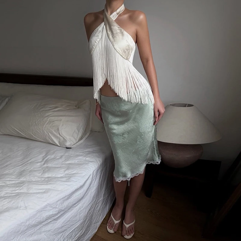 French Tassel Splice Exposed Navel Slim Tees Trendy Solid Off Shoulder Irregular Blouses Sexy Hang Neck Backless Club Party Top