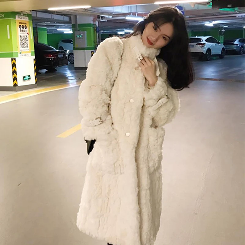 Lamb Wool Coat Women Mid-Length 2024 Winter Loose Chic Thick Warm Imitation Rabbit Plush Fur Jackets Stand Collar Lady Outerwear