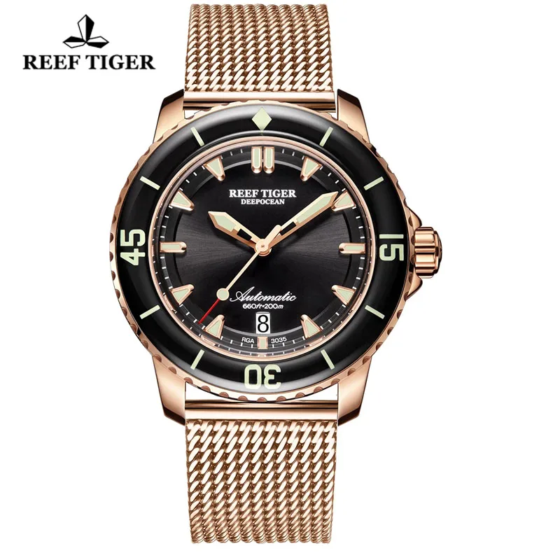 Reef Tiger/RT Men Designer Diver Mechanical Watch Luxury Rose Gold Automatic Watch Sapphire Crystal Luminous Sport Watch