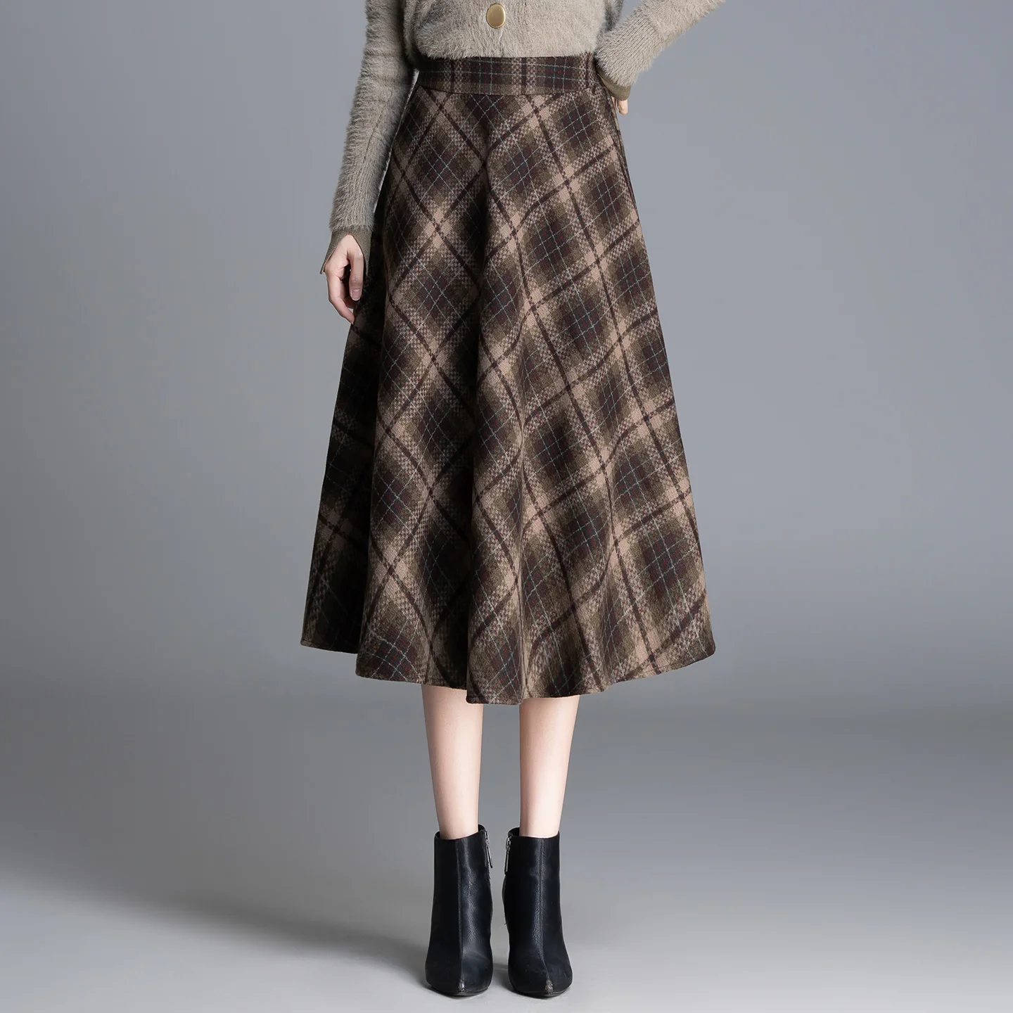 

2025 Winter Thiened Mid-Length A-Line Skirt Women's Faionable Plaid f-length Slimming Umbrella Skirt High Waist Polyes...