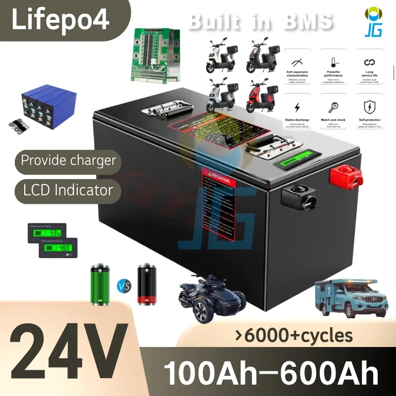 

JG Lifepo4 24V 100Ah 150Ah 200Ah 300Ah 400Ah 500Ah 600Ah Rechargeable Battery for 2000W Solar System UPS Trolling Motor RV Boat