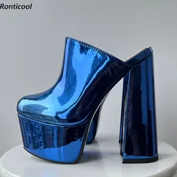 Ronticool New Arrival Women Platform Pumps Slip One Chunky Heel Round Toe Metallic Blue Party Shoes Women US Plus Size 5-20