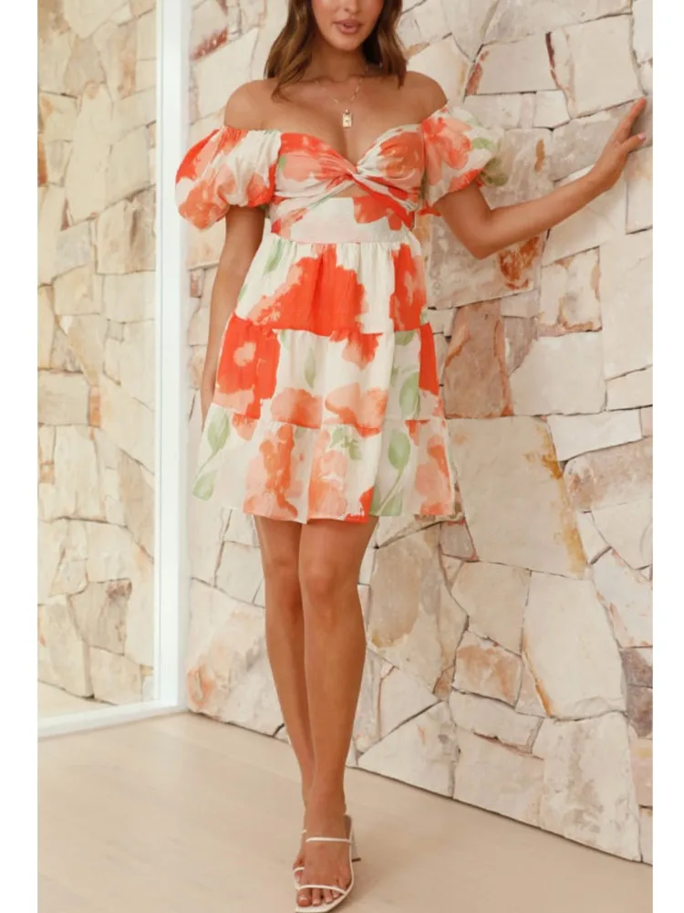 

Summer Temperament Print Hollow V-neck Puff Sleeve Dress Women's Elegant Style High Waist Fashion Commuting Mini Casual Dressrs