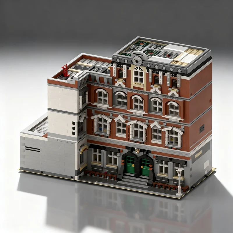 

4710 деталей MOC: Модульная модель обратного углового здания школы, альтернативный городской пейзаж, строительные блоки, креативный подарок, декор для витрин, премиум-качество