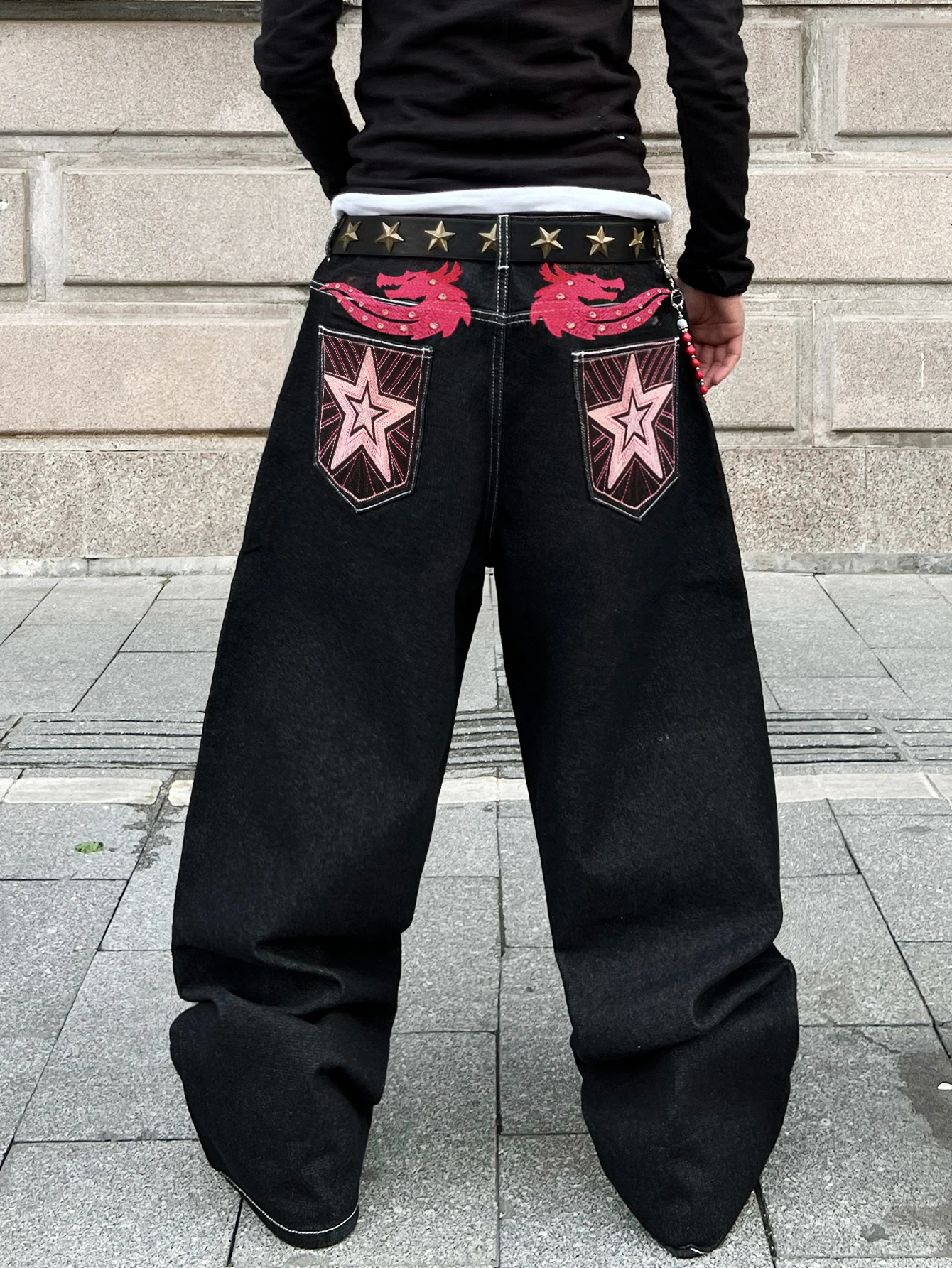 Trendy High-Street Y2K Style Star-Embroidered Baggy Wide-Leg Jeans, Versatile And Stylish Wide Pants, Belt/Accessories Not Inclu