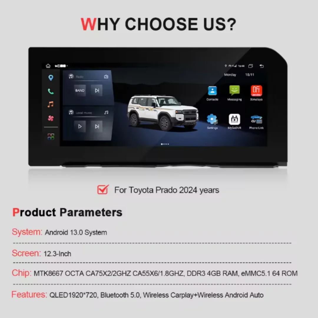 Android 14 Car Radio 12.3” Screen For Toyota Prado LC250 2024 Model Navigation Device Wireless GPS Player Stereo Multimedia