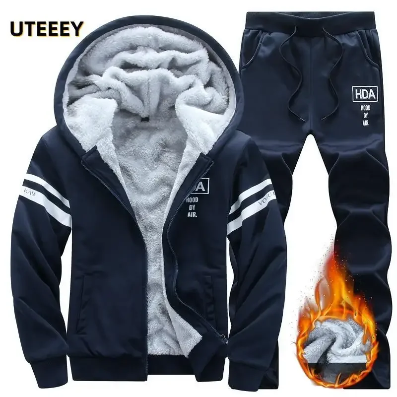 2023 Winter Tracksuit Casual Men Sets Sweatshirt Sporting Running Fleece Thick Fur Warm Hooded Jacket With Pant Male Sportswear